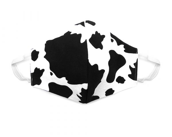 Handmade cow animal print fabric face mask with 100% cotton and elastic straps in black and white kid/teen size.
