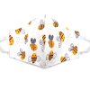Handmade bee pattern print fabric face mask with 100% cotton and elastic straps in white, golden yellow, and black kid/teen size.
