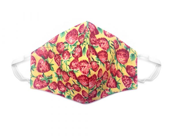 Handmade strawberry pattern print fabric face mask with 100% cotton and elastic straps in yellow, red, and green kid/teen size.