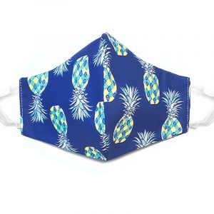 Handmade pineapple print fabric face mask with 100% cotton and elastic straps in blue, teal, and white kid/teen size.