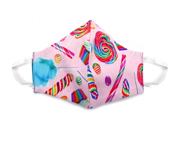 Handmade candy pattern print fabric face mask with 100% cotton and elastic straps in light pink and multicolored kid/teen size.