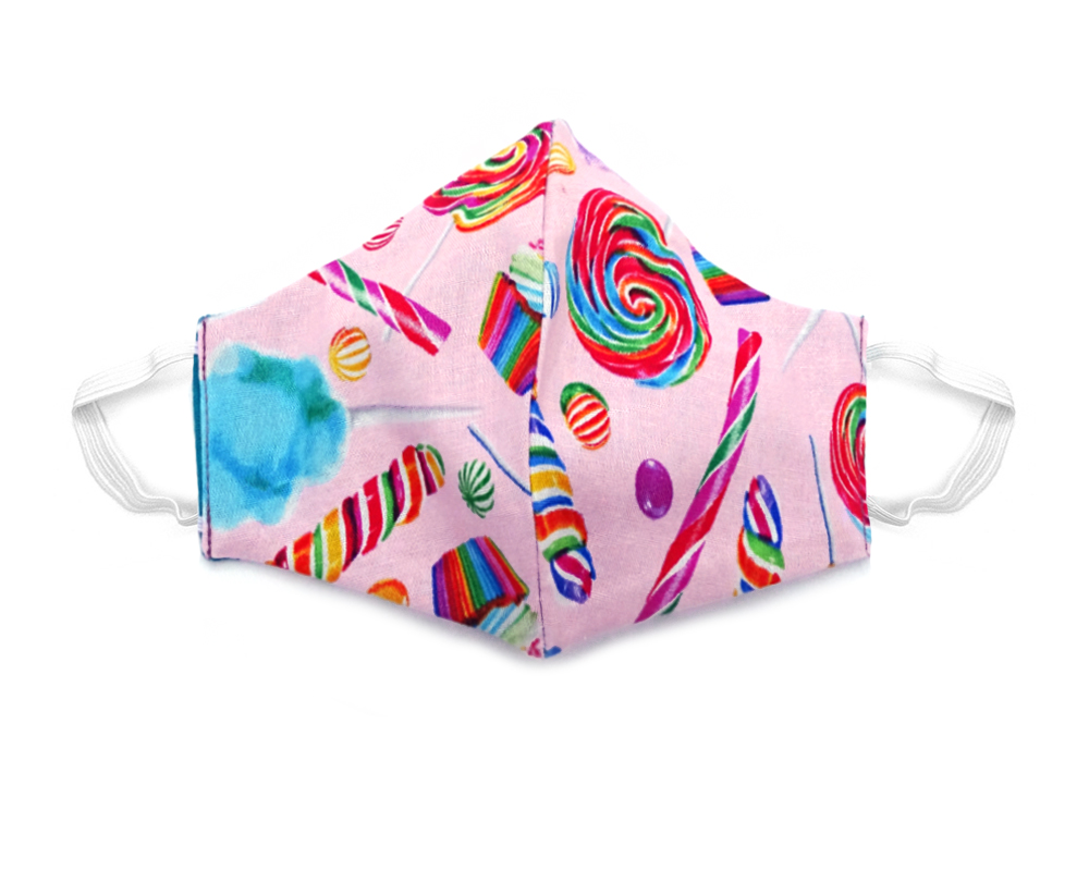 Handmade candy pattern print fabric face mask with 100% cotton and elastic straps in light pink and multicolored kid/teen size.