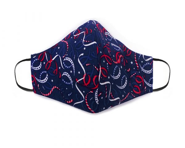 Handmade stars and streamers pattern print fabric face mask with 100% cotton and elastic straps in navy blue, red, and white kid/teen size.