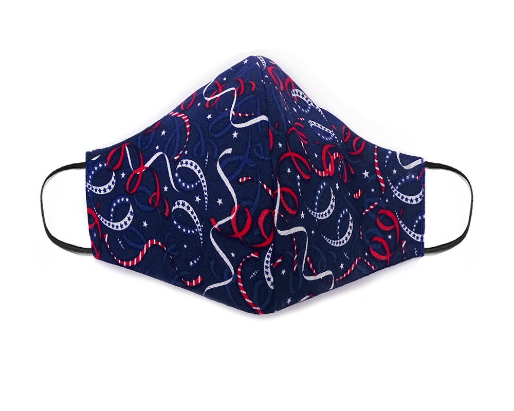 Handmade stars and streamers pattern print fabric face mask with 100% cotton and elastic straps in navy blue, red, and white kid/teen size.