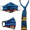 Handmade protective abstract American flag pattern silk fabric face mask for adults with a matching tie set in navy blue, turquoise, dark red, dark orange, and beige color combination.