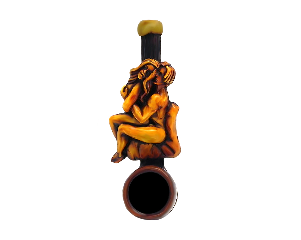 Handcrafted tobacco smoking hand pipe of a man and woman couple in a reverse cowgirl sex position on a chair in mini size.