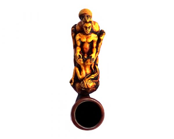 Handcrafted tobacco smoking hand pipe of a man and woman couple in laying reverse sex position in mini size.