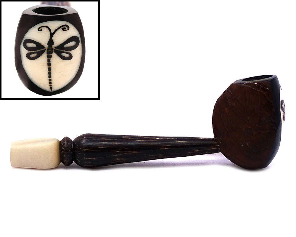 Handcarved tobacco smoking natural tagua nut hand pipe of a dragonfly in medium size.