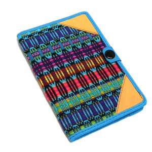 Handmade small woven cotton refillable notebook cover with multicolored stripes in turquoise blue color.
