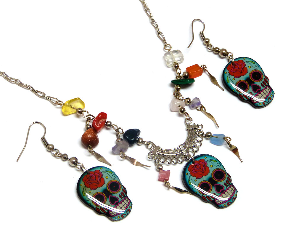Day of the Dead floral rose sugar skull head acrylic necklace with multicolored chip stones and matching dangle earrings in mint, red, black, and white color combination.