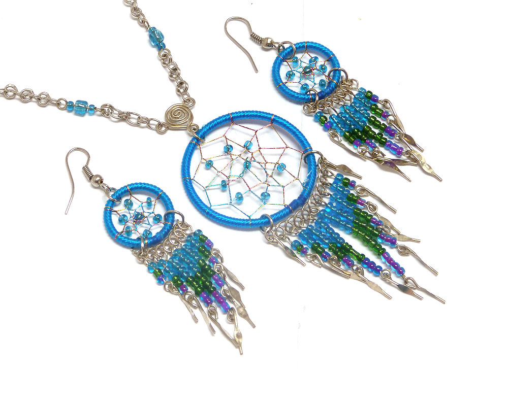 NS-040100350406 Handmade round beaded thread dream catcher necklace and matching earrings with long seed bead and alpaca silver dangles in turquoise blue, green, and purple color combination.