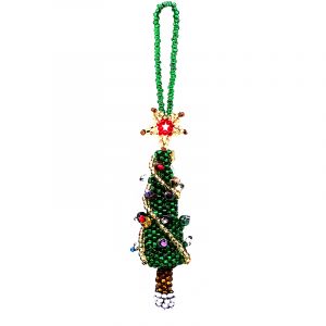 Handmade Czech glass seed bead Christmas figurine hanging ornament of a decorated tree in green, gold, and multicolored color combination.
