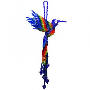 Mia Jewel Shop: Handmade Czech glass seed bead hummingbird figurine hanging ornament with crystal beaded tail dangles in royal blue and rainbow color combination.