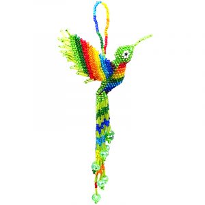 Handmade Czech glass seed bead hummingbird figurine hanging ornament with crystal beaded tail dangles in lime green and rainbow color combination.