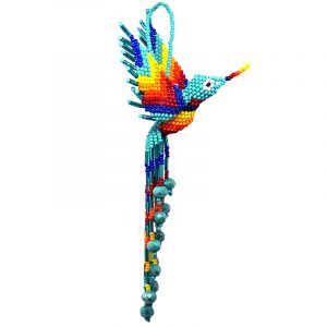 Mia Jewel Shop: Handmade matte Czech glass seed bead hummingbird figurine hanging ornament with crystal beaded tail dangles in mint turquoise and rainbow color combination.