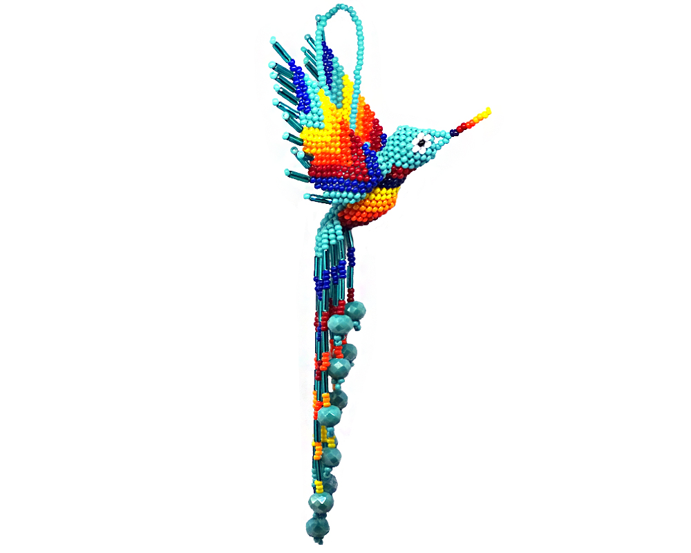 OR-010201354499 Mia Jewel Shop: Handmade matte Czech glass seed bead hummingbird figurine hanging ornament with crystal beaded tail dangles in mint turquoise and rainbow color combination.
