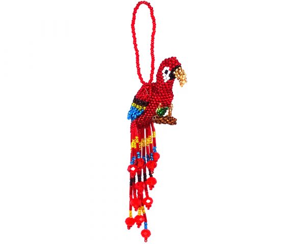 Handmade Czech glass seed bead parrot figurine hanging ornament with crystal beaded tail dangles in red and rainbow color combination.