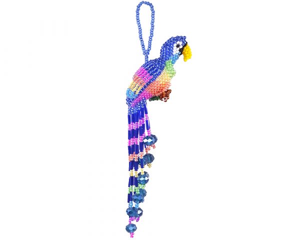 Handmade Czech glass seed bead parrot figurine hanging ornament with crystal beaded tail dangles in blue and pastel multicolored color combination.