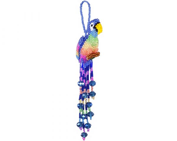 Handmade Czech glass seed bead parrot figurine hanging ornament with crystal beaded tail dangles in blue and pastel multicolored color combination.