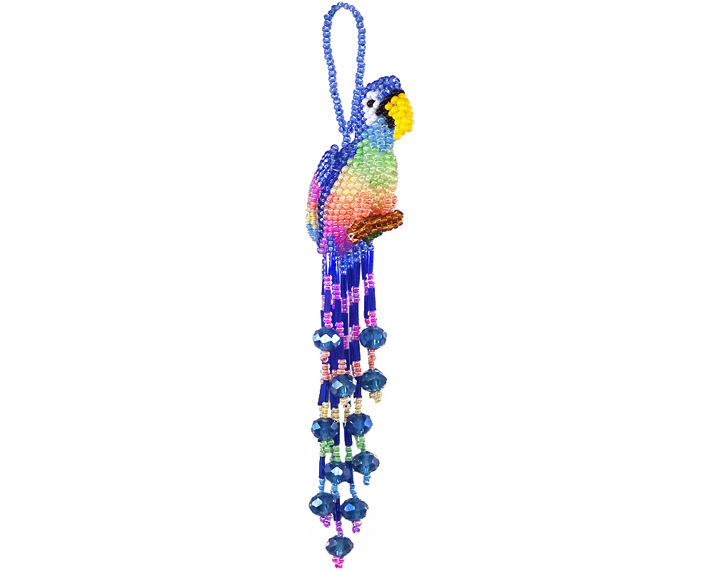 Handmade Czech glass seed bead parrot figurine hanging ornament with crystal beaded tail dangles in blue and pastel multicolored color combination.