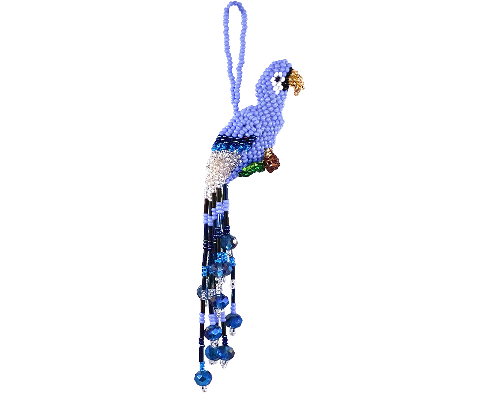 Handmade Czech glass seed bead parrot figurine hanging ornament with crystal beaded tail dangles in periwinkle, iridescent dark blue, turquoise, gold, and white silver color combination multicolored color combination.