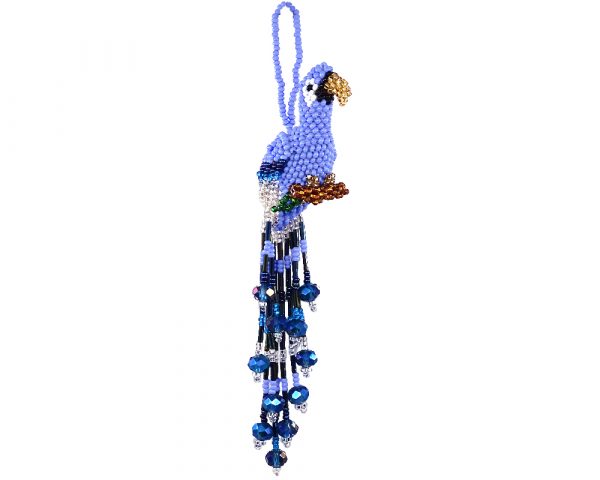 Handmade Czech glass seed bead parrot figurine hanging ornament with crystal beaded tail dangles in periwinkle, iridescent dark blue, turquoise, gold, and white silver color combination multicolored color combination.