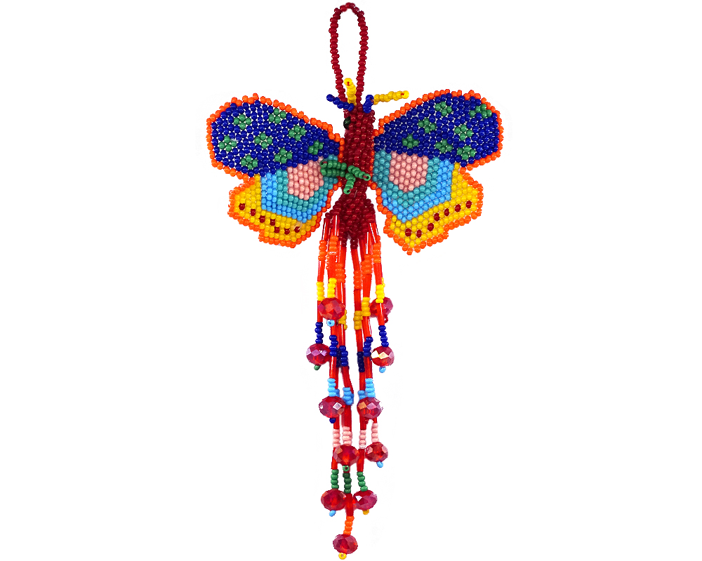 OR-010401019999 Handmade Czech glass seed bead butterfly figurine hanging ornament with crystal beaded tail dangles in matte rainbow color combination.