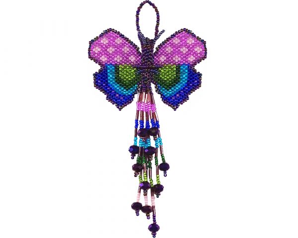 Handmade Czech glass seed bead butterflly figurine hanging ornament with crystal beaded tail dangles in iridescent dark purple, pink, blue, turquoise, and green color combination.