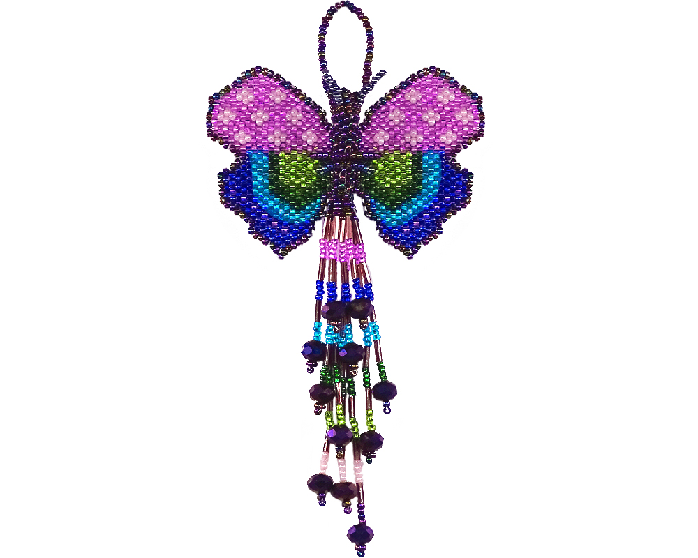 OR-010401060504 Handmade Czech glass seed bead butterflly figurine hanging ornament with crystal beaded tail dangles in iridescent dark purple, pink, blue, turquoise, and green color combination.