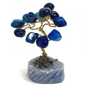 Handmade golden-colored metal wire and tumbled blue agate gemstone crystal tree of life table ornament with crushed pyrite and a round stone base.