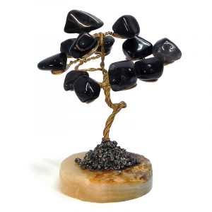Handmade golden-colored metal wire and tumbled black onyx gemstone crystal tree of life table ornament with crushed pyrite and a round stone base.