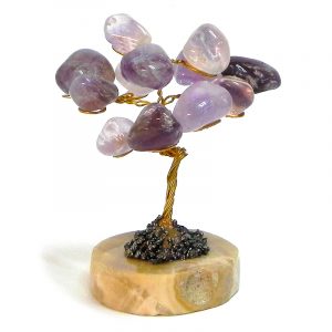 Handmade golden-colored metal wire and tumbled purple amethyst gemstone crystal tree of life table ornament with crushed pyrite and a round stone base.
