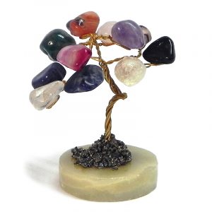 Handmade golden-colored metal wire and multicolored tumbled gemstone crystal tree of life table ornament with crushed pyrite and a round stone base.