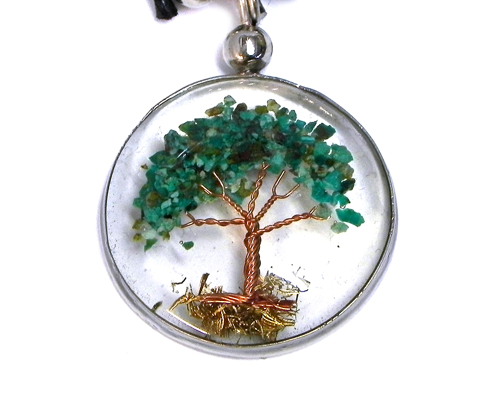 Handmade round-shaped clear acrylic resin, copper wire, and crushed chip stone inlay tree of life pendant on adjustable necklace in teal green chrysocolla.