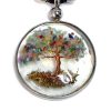 PN-040200999999 Handmade round-shaped clear acrylic resin, copper wire, and crushed chip stone inlay tree of life pendant on adjustable necklace in rainbow color combination.