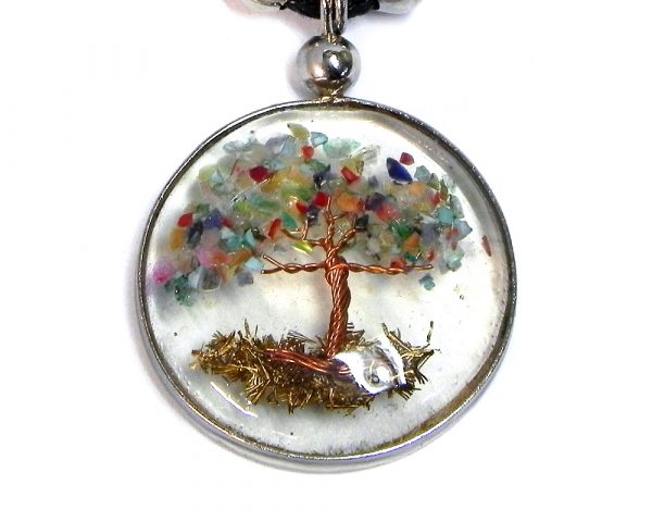 Handmade round-shaped clear acrylic resin, copper wire, and crushed chip stone inlay tree of life pendant on adjustable necklace in rainbow color combination.