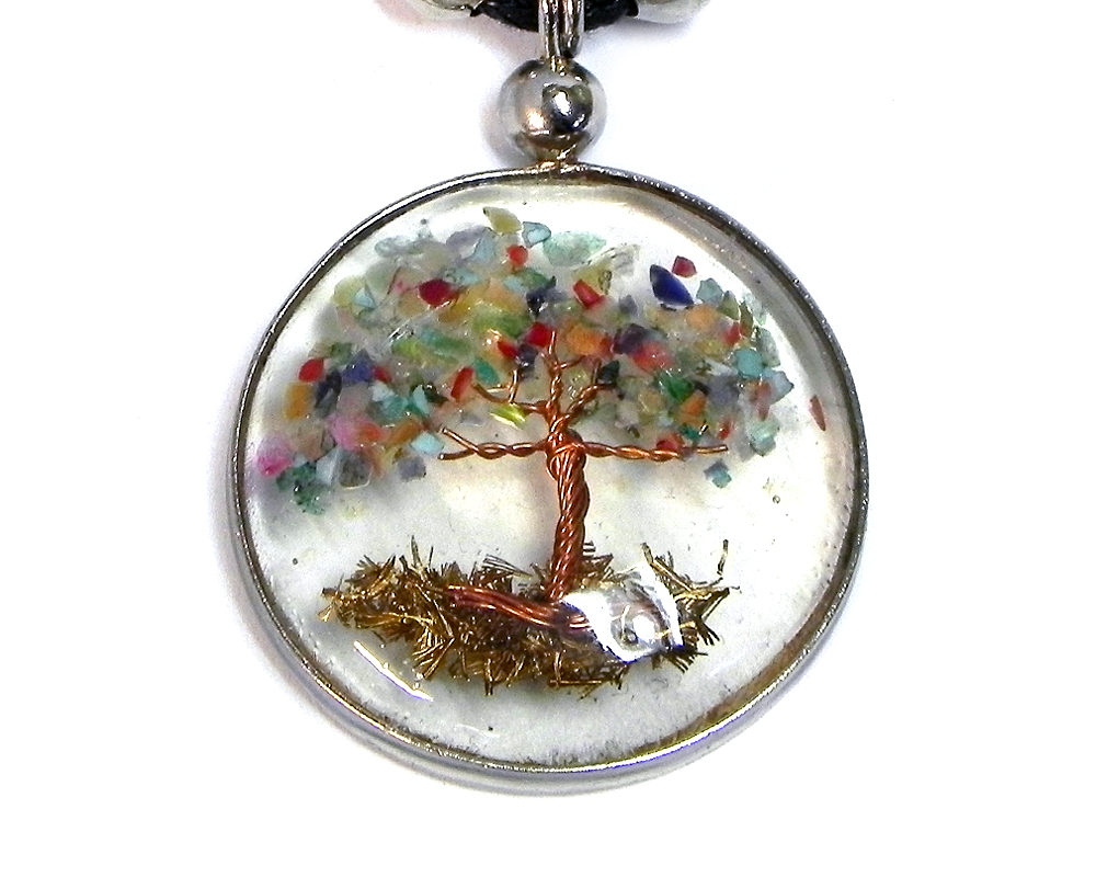 Handmade round-shaped clear acrylic resin, copper wire, and crushed chip stone inlay tree of life pendant on adjustable necklace in rainbow color combination.