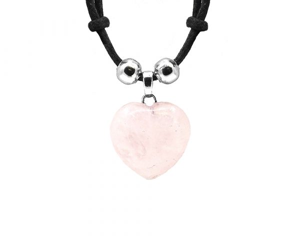 Handmade heart-shaped tumbled gemstone crystal pendant on adjustable necklace in light pink rose quartz.