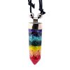 PN-011102999099 Hexagonal-cut resin and crushed chip stone inlay crystal point orgonite pendant with silver metal on adjustable necklace in striped 7 chakra rainbow colors.