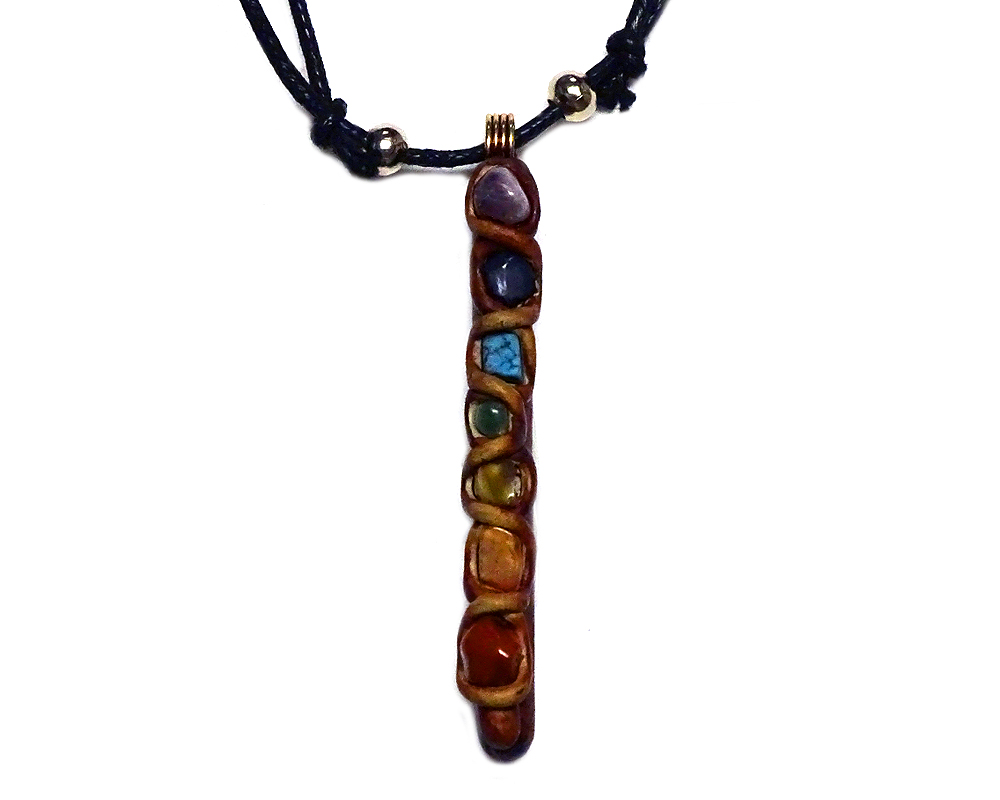 Natural wooden stick pendant with resin and 7 chakra rainbow-colored tumbled gemstone crystals on adjustable necklace.