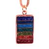 PN-120302991899 Handmade rectangle-shaped acrylic resin, copper wire, and crushed chip stone inlay orgonite pendant with 7 chakra rainbow striped pattern and copper metal setting on adjustable copper chain necklace.