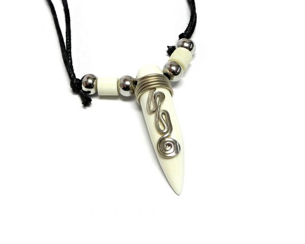 Silver metal spiral wire wrapped natural bone tooth bullet-shaped point pendant on adjustable necklace.