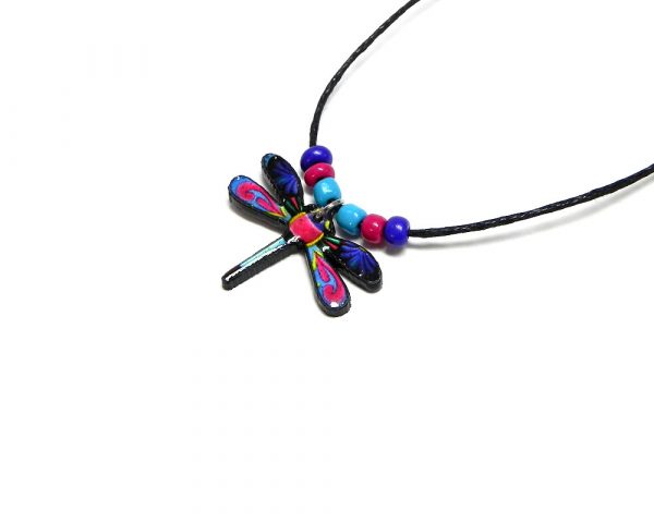 Handmade dragonfly acrylic pendant with seed beads on black necklace in blue, hot pink, turquoise, yellow, and black color combination.