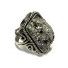 RG-010324199019 Rectangle-shaped rough-cut raw gemstone on adjustable alpaca silver metal ring with rope edge border in silver pyrite.