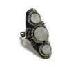 RG-010501009000 Three mini round flat gemstone cabochons vertically placed on adjustable handmade alpaca silver metal ring with rope edge border in white quartz.