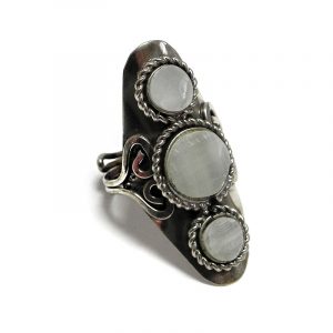 Three mini round flat gemstone cabochons vertically placed on adjustable handmade alpaca silver metal ring with rope edge border in white quartz.