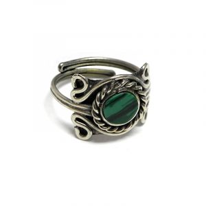 Handmade mini round-shaped flat gemstone cabochon on adjustable alpaca silver metal ring with rope edge border in green malachite.