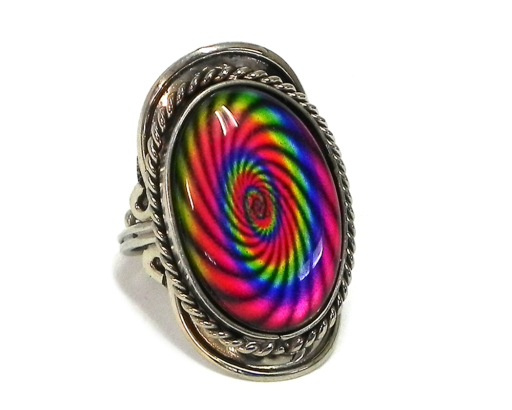 RG-050006999999 Handmade oval-shaped acrylic New Age themed psychedelic spiral graphic design on alpaca silver metal ring with rope edge border in rainbow color combination.
