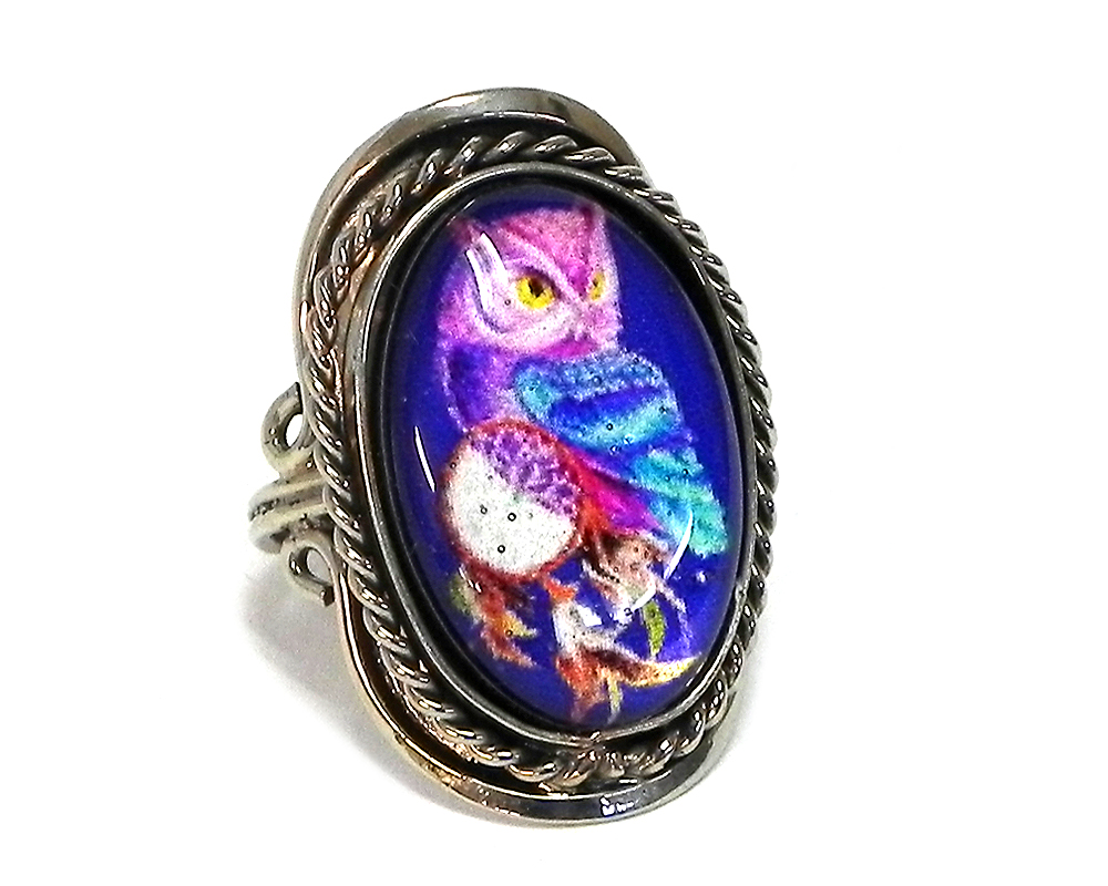 RG-050008050615 Handmade oval-shaped acrylic New Age themed dream catcher owl graphic design on alpaca silver metal ring with rope edge border in blue, purple, yellow, turquoise, brown, and white color combination.