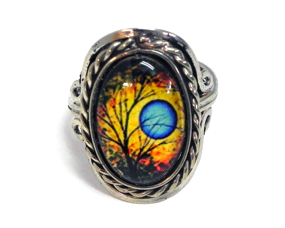 Handmade small oval-shaped acrylic vintage themed full moon tree graphic design on alpaca silver metal ring with rope edge border in yellow, blue, and black color combination.